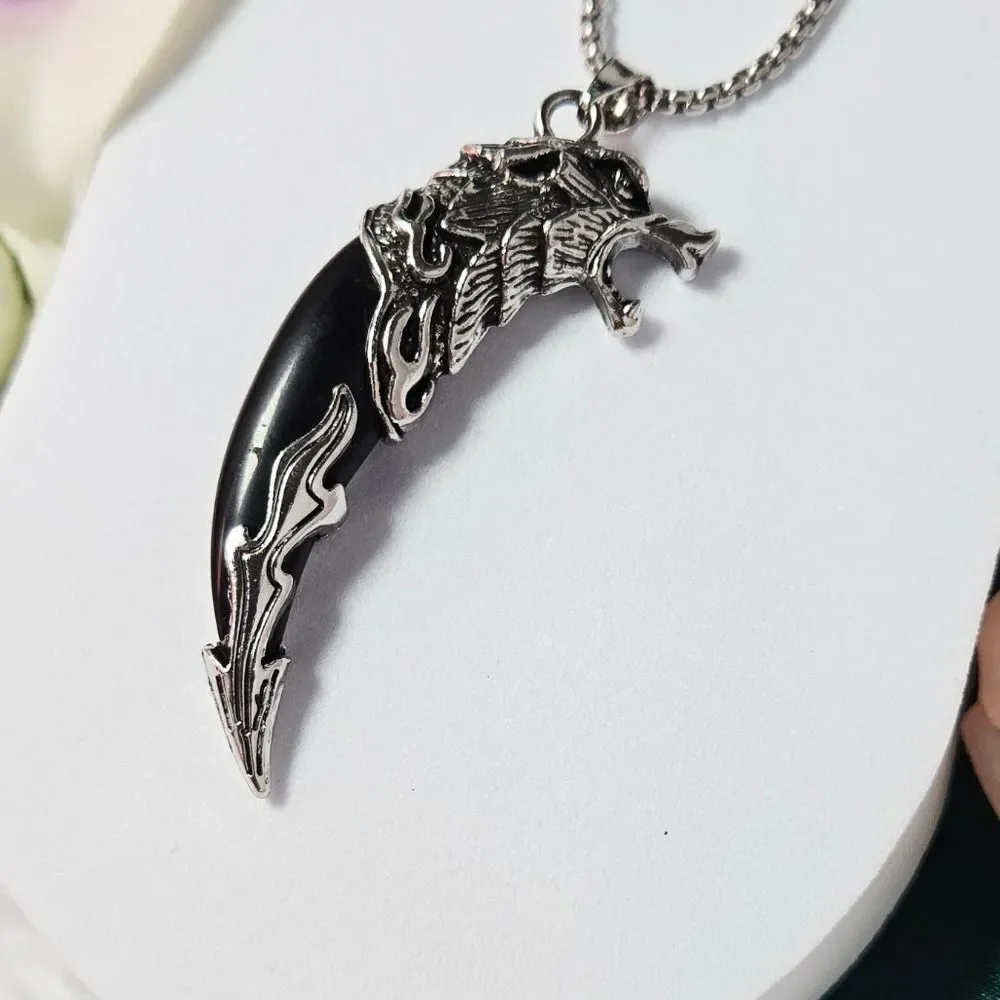Viking Wolf Head Tooth Necklace Black Fang 24” Stainless Steel Nordic Biker Gift